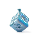 Yifan Renxu dice vase in an iridescent ocean-blue, turquoise and violet glaze, balanced on one corner
