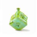 Yifan Renxu dice vase in an iridescent opal-green, turquoise and gold glaze, balanced on one corner