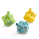 Yifan Renxu dice vase colourways shown together: opal green, ocean blue and golden yellow