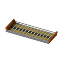 København serving tray in ochre, pale blue, cream and charcoal geometric pattern, wooden handles and glass surface