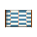 Måge serving tray in sea-blue and cream stripes with rust oval details, wooden handles and glass surface