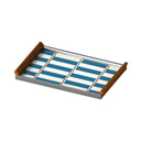 Måge serving tray in sea-blue and cream stripes with rust oval details, wooden handles and glass surface